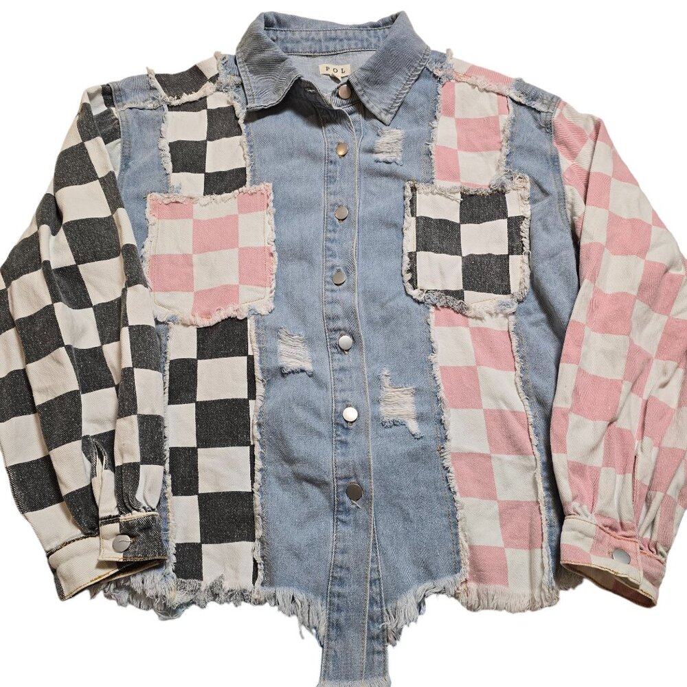 Pol Denim Distressed Checker Patch Jacket Size M Good Used Condition
